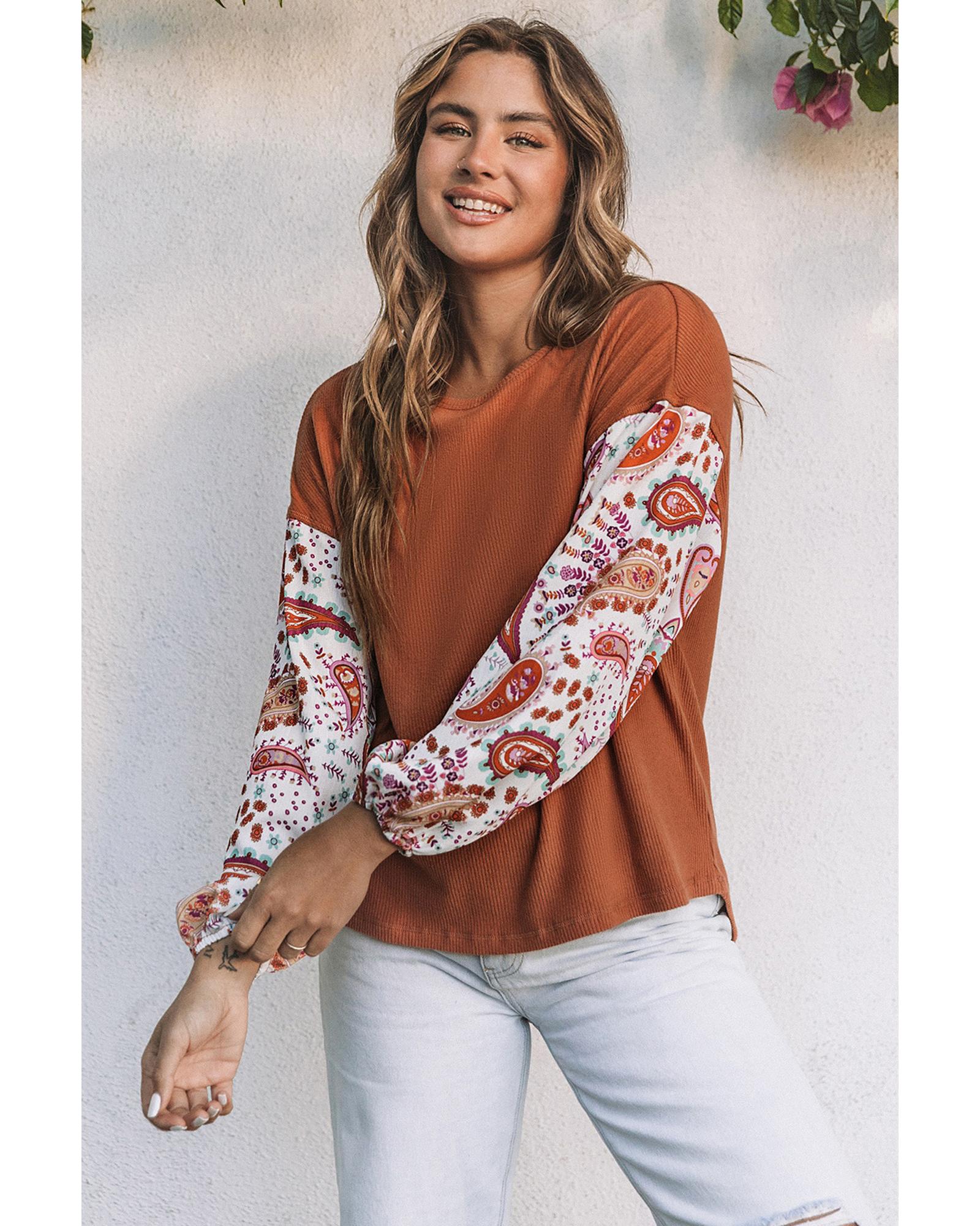 Azura Exchange Contrast Bubble Sleeve Ribbed Top - L