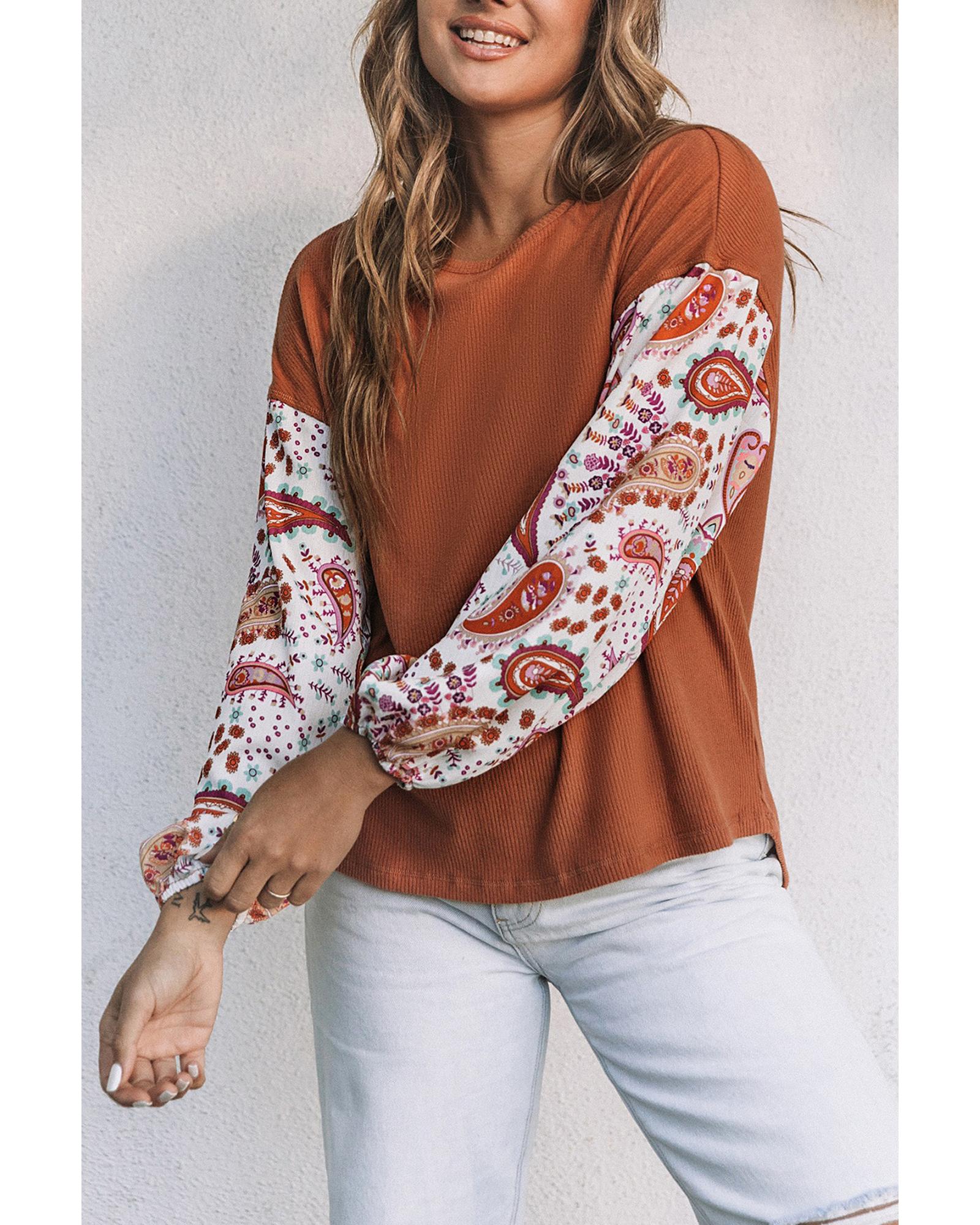 Azura Exchange Contrast Bubble Sleeve Ribbed Top - L