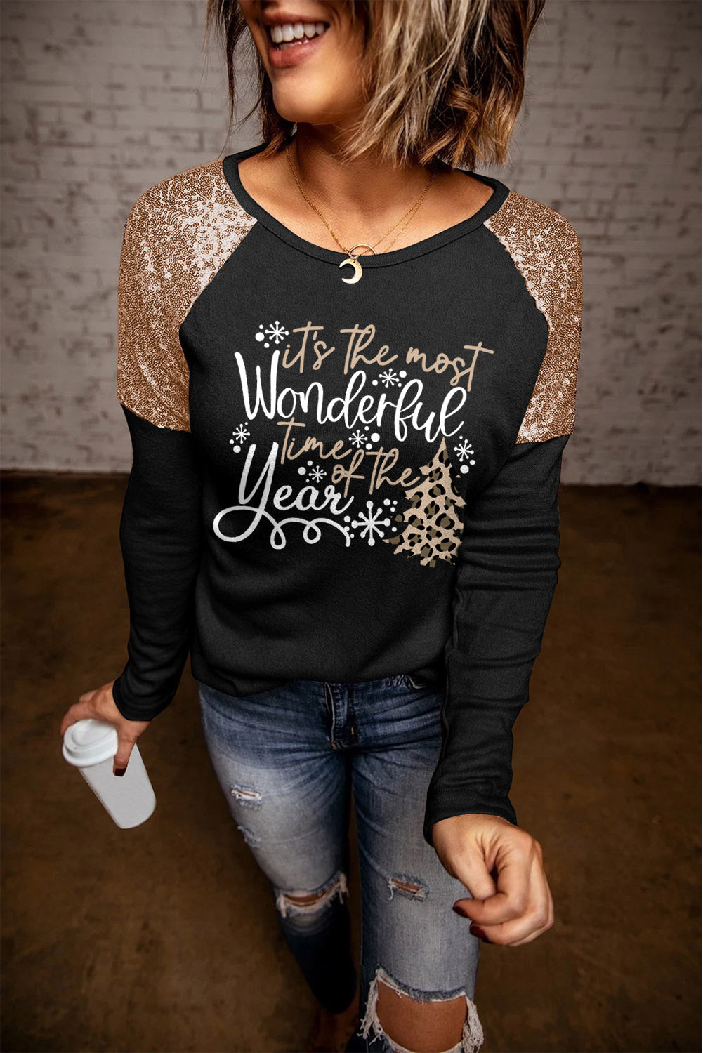 Azura Exchange Christmas Season Graphic Sequin Shoulder Top - L