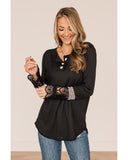 Azura Exchange Leopard Splicing Buttoned Knit Top - S