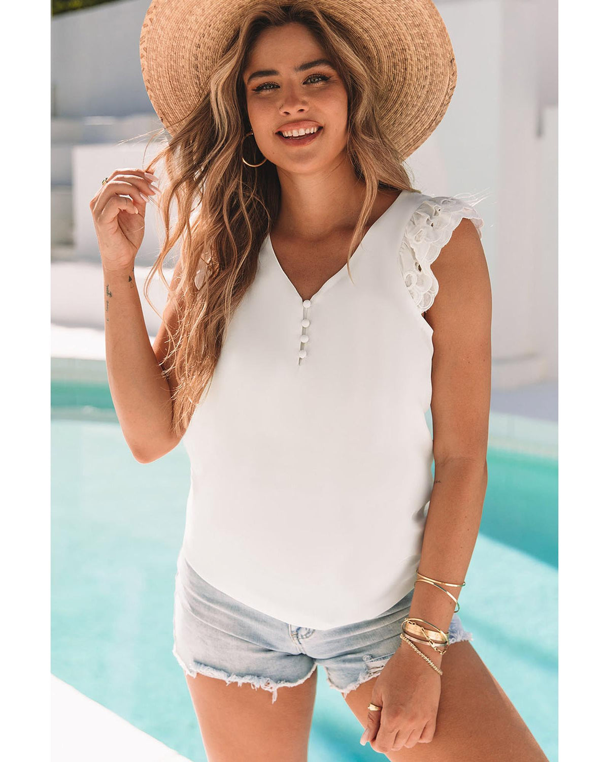 Azura Exchange Layered Laser Cut Flutter Shoulder V Neck Top - M