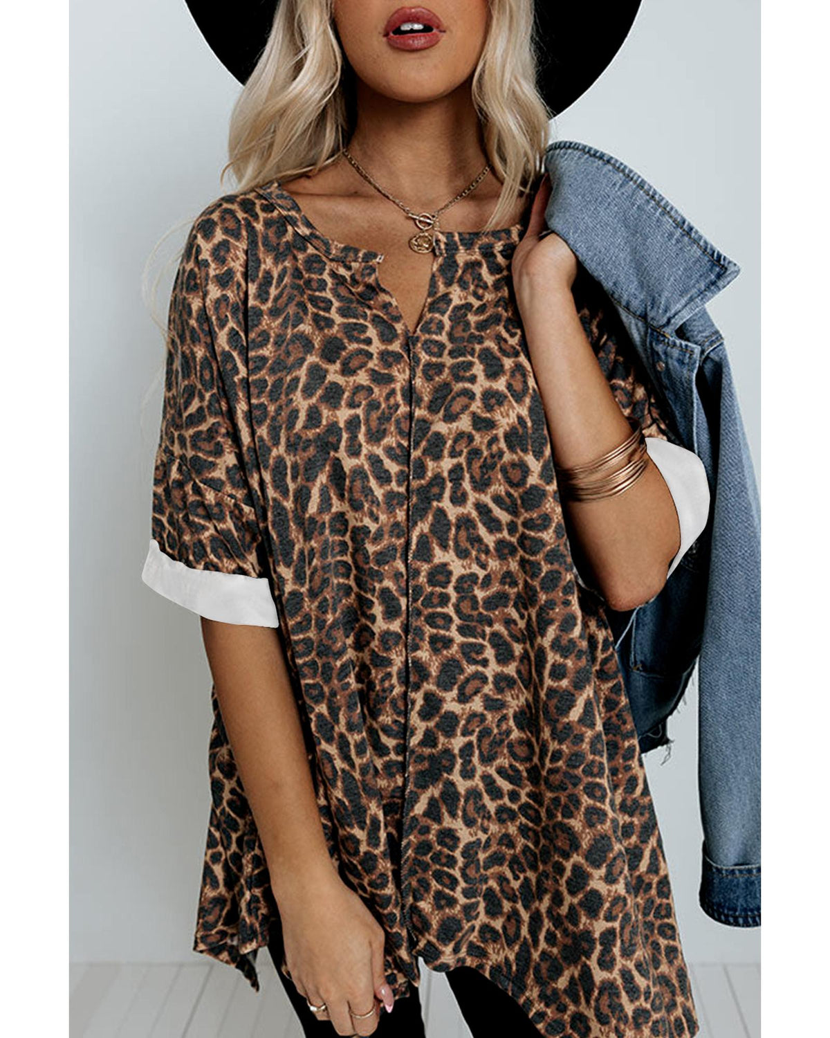 Azura Exchange Loose Leopard Top with V Notch Rolled Cuffs - L
