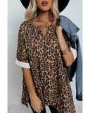 Azura Exchange Loose Leopard Top with V Notch Rolled Cuffs - L