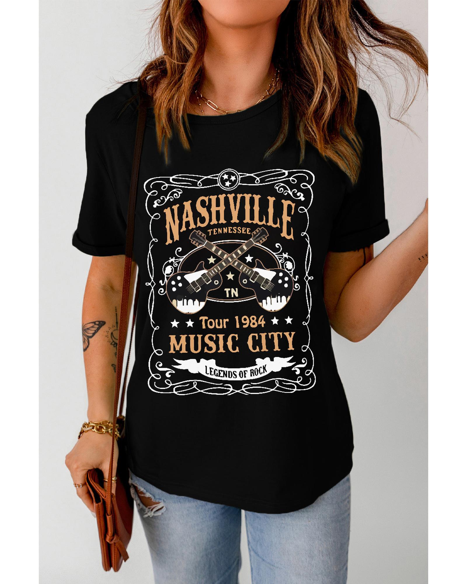 Azura Exchange NASHVILLE Letter Guitar Print Tee - S