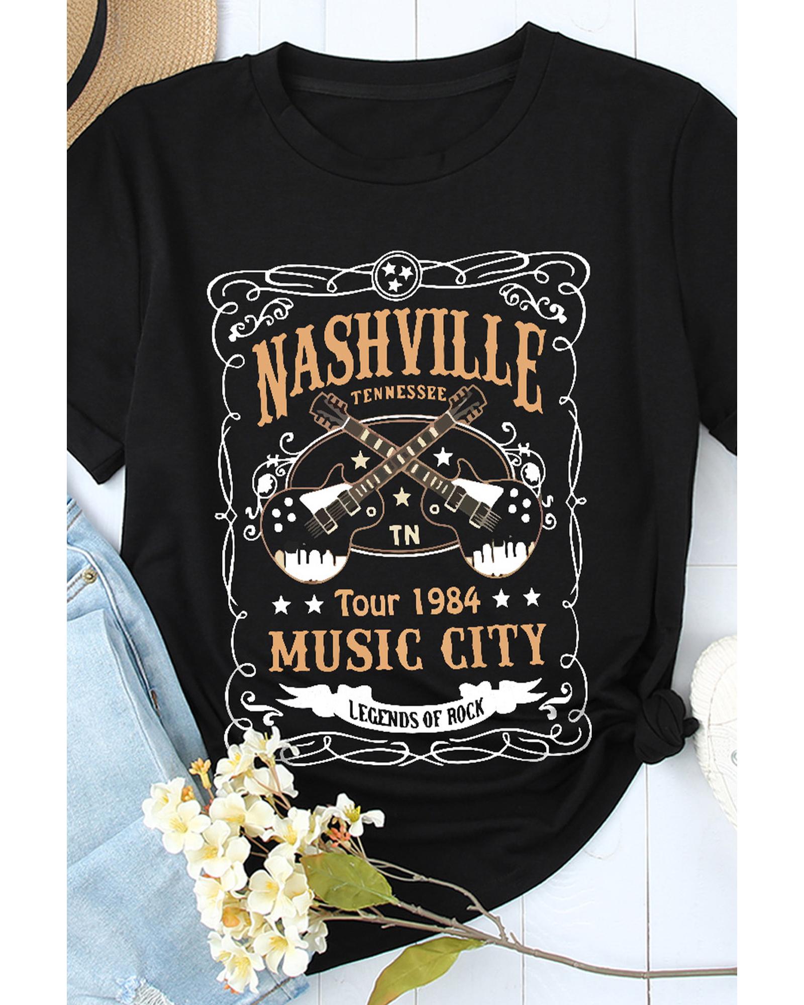 Azura Exchange NASHVILLE Letter Guitar Print Tee - S