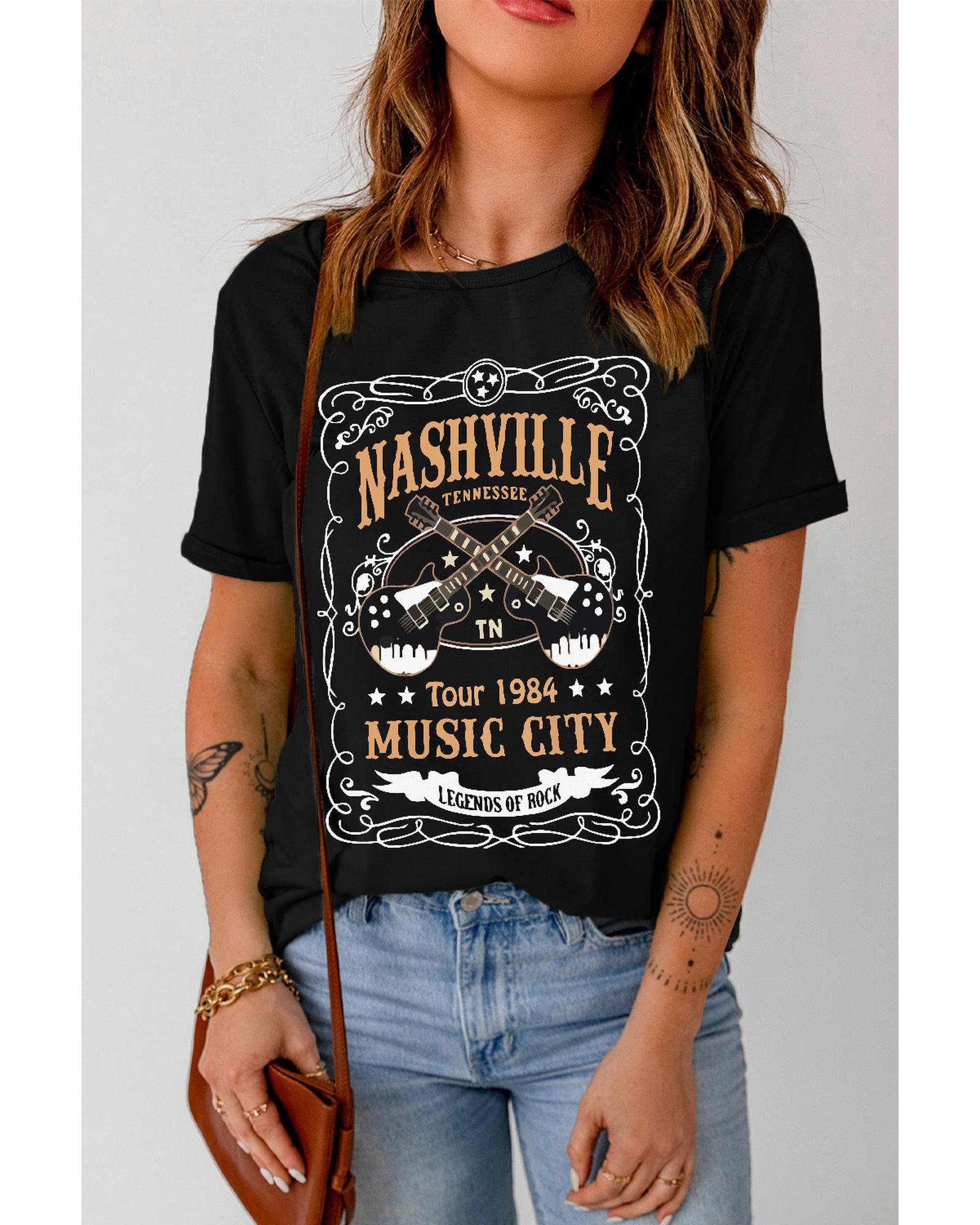 Azura Exchange NASHVILLE Letter Guitar Print Tee - S