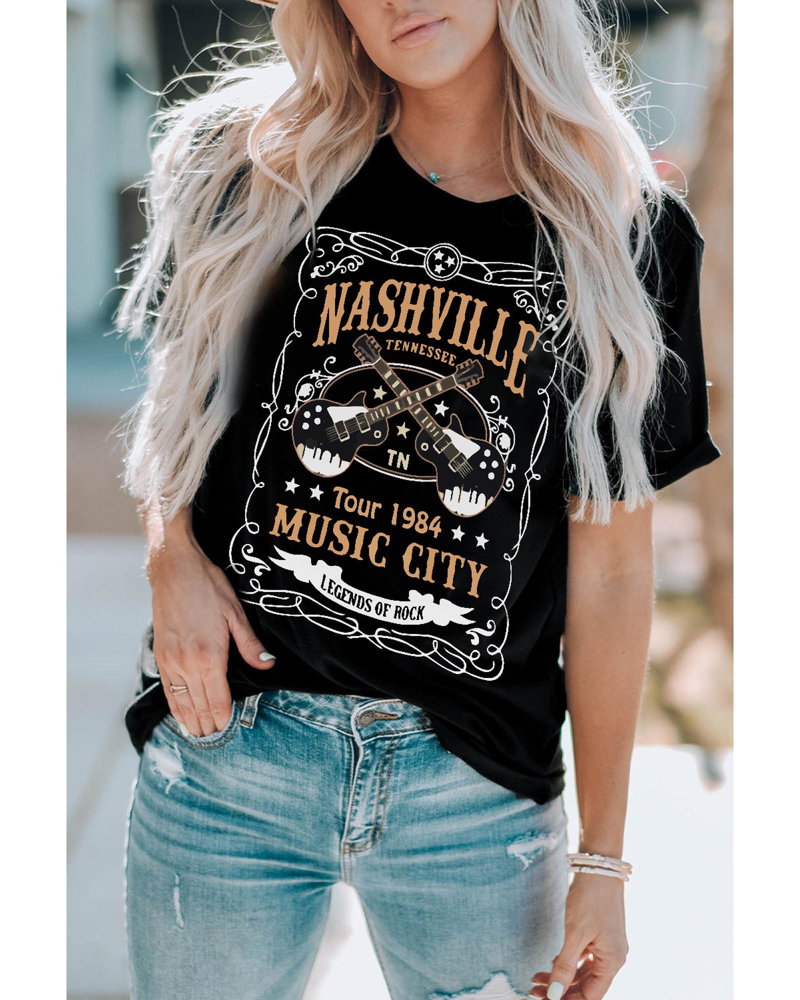 Azura Exchange NASHVILLE Letter Guitar Print Tee - S