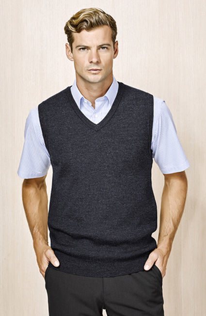 Mens Wool Blend V Neck Vest Sleeveless Double Knit  - Charcoal - X-Small