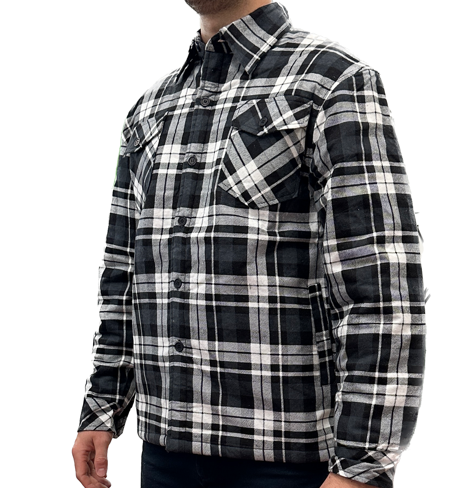Mens QUILTED FLANNELETTE SHIRT 100% COTTON Flannel Jacket Padded Long Sleeve - Black/Charcoal/White (Quilted) - S