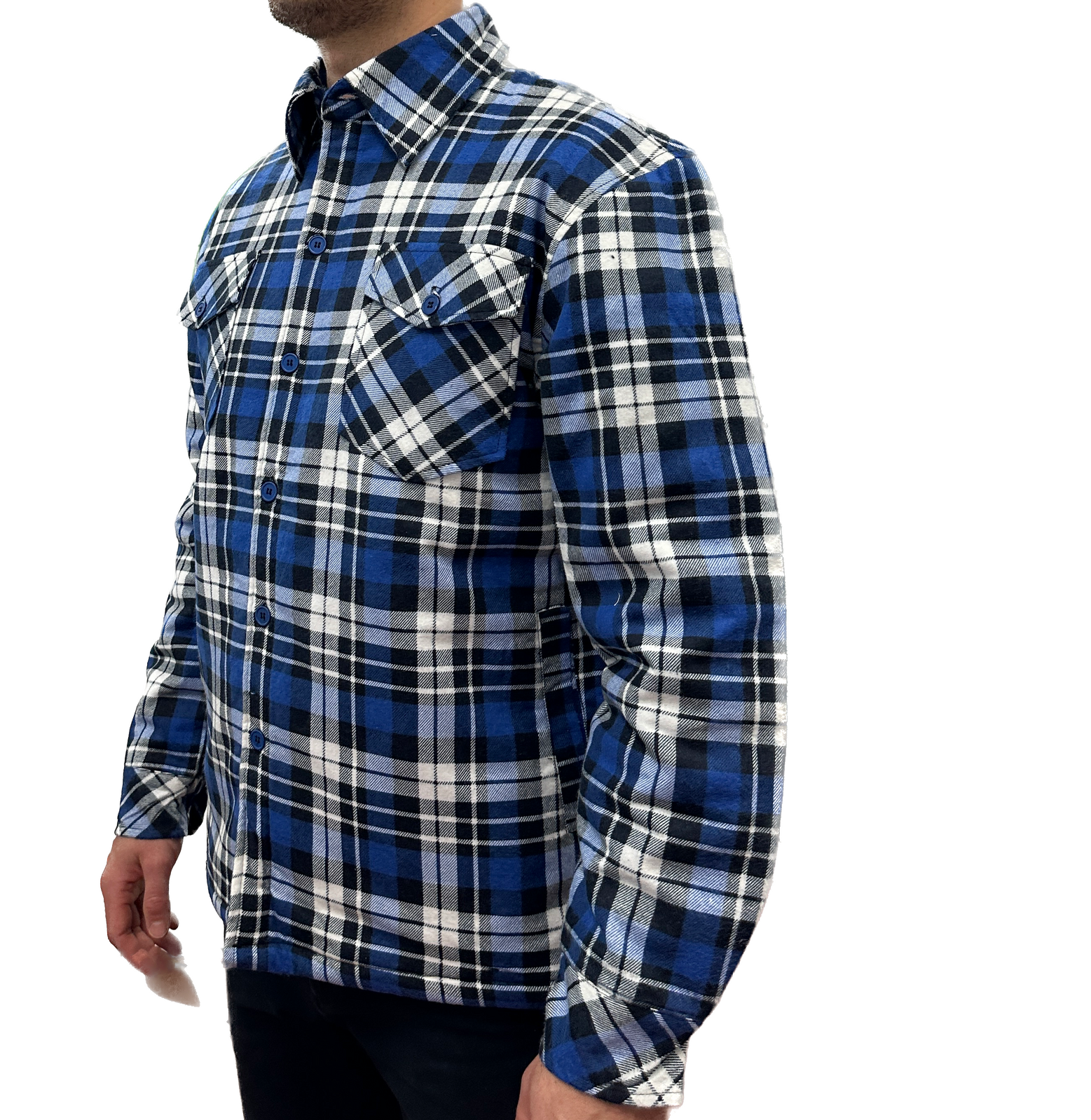 Mens QUILTED FLANNELETTE SHIRT 100% COTTON Flannel Jacket Padded Long Sleeve - Black/Navy/White (Quilted) - S
